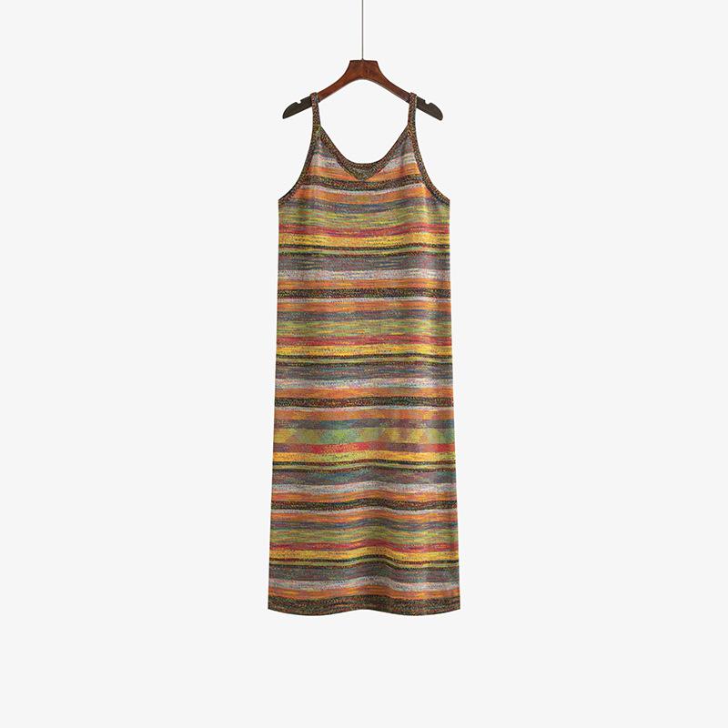 

Плюс Размер Женщин V-образный вырез Дизайн Sense Градиент Цвет Полосатый трикотаж Холтер Платье XXXL