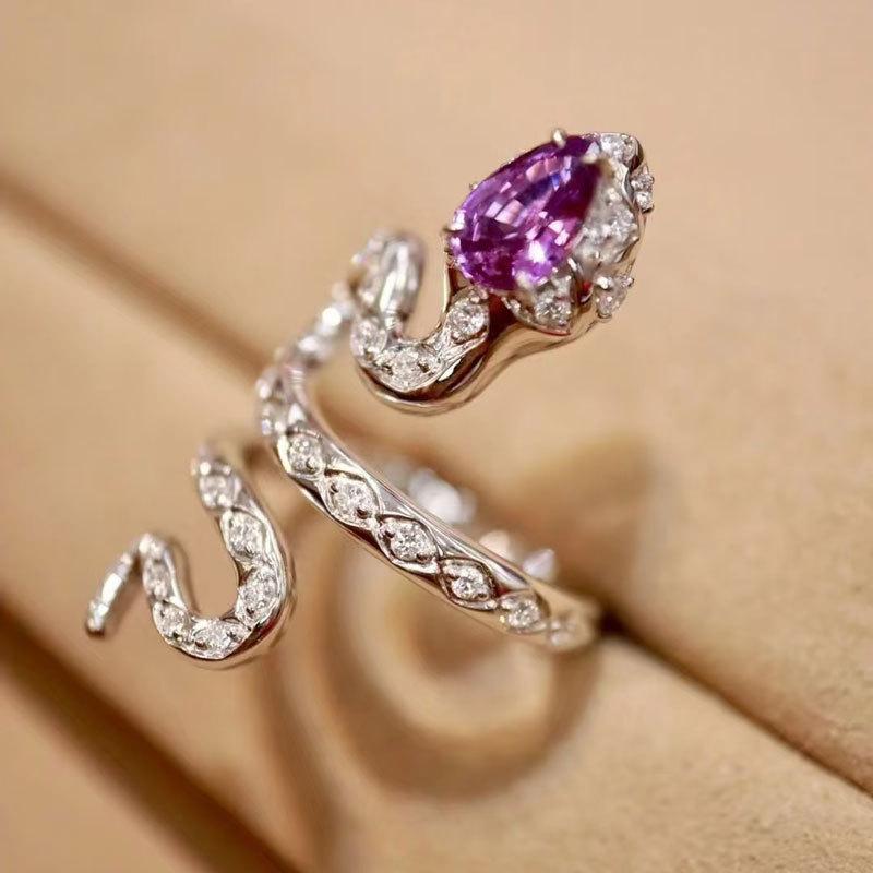 Snake Set With Natural Snake Ring, Purple Tooth Black Garnet Colored Crystal Snake-Shaped Personalized Female Ring.