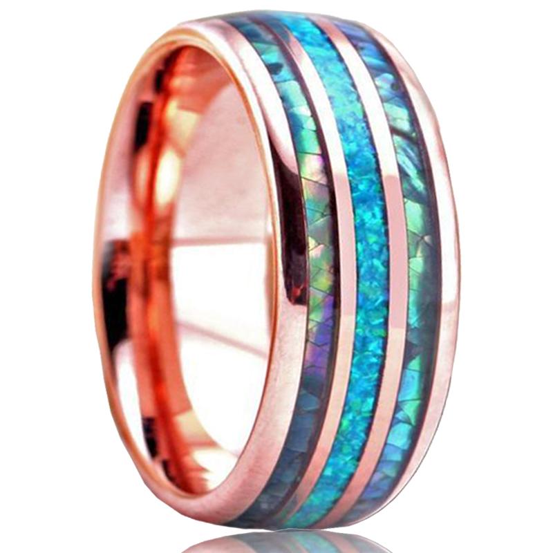 8mm Men's Rose Gold Color Stainless Steel Rings Hawaiian Koa Wood And Abalone Shell Opal Inlay Ring Men's Wedding Band