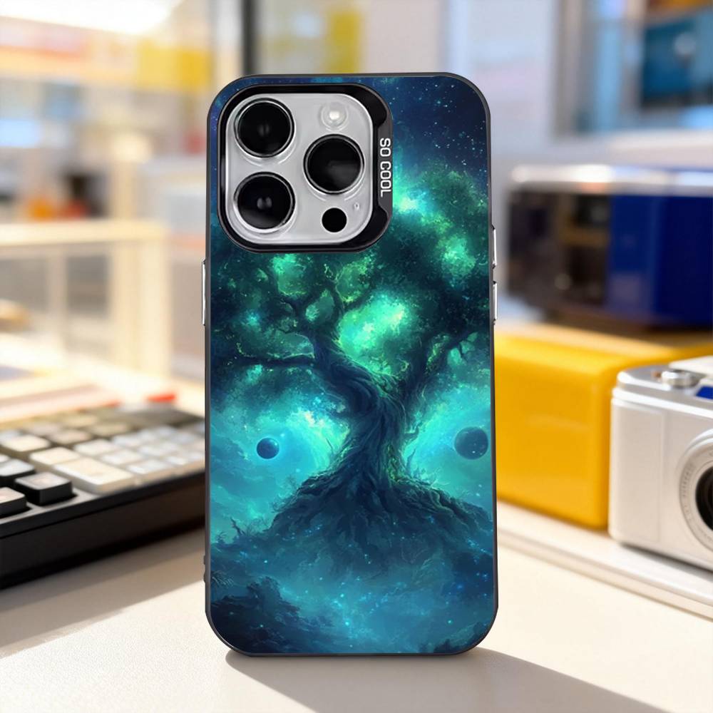 Tree of Life Space Phone Case For iPhone 17,16,15,14,13,12,11,Pro,XS,Max,Plus,Mini,SE4,E IMD Matte Black