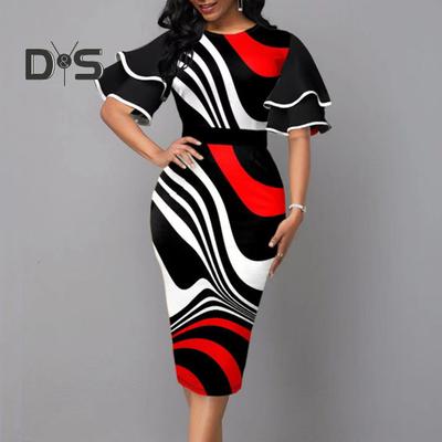 Dámské šaty s kulatým výstřihem, vrstveným volánovým rukávem, bodycon střihu, s nepravidelným geometrickým potiskem, obepínající boky, pracovní šaty pro office lady, pracovní oděv