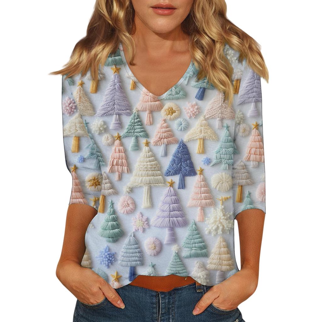 Women's Casual Fashionable Sexy Comfortable V-Neck Christmas Three-Quarter Sleeve Top