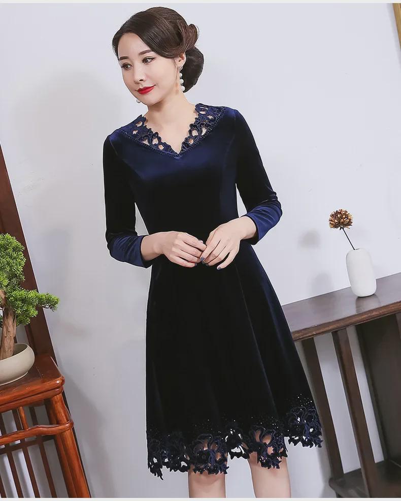 Plus Size European & American Celebrity Velvet Dress with Embroidery and Hollow Design