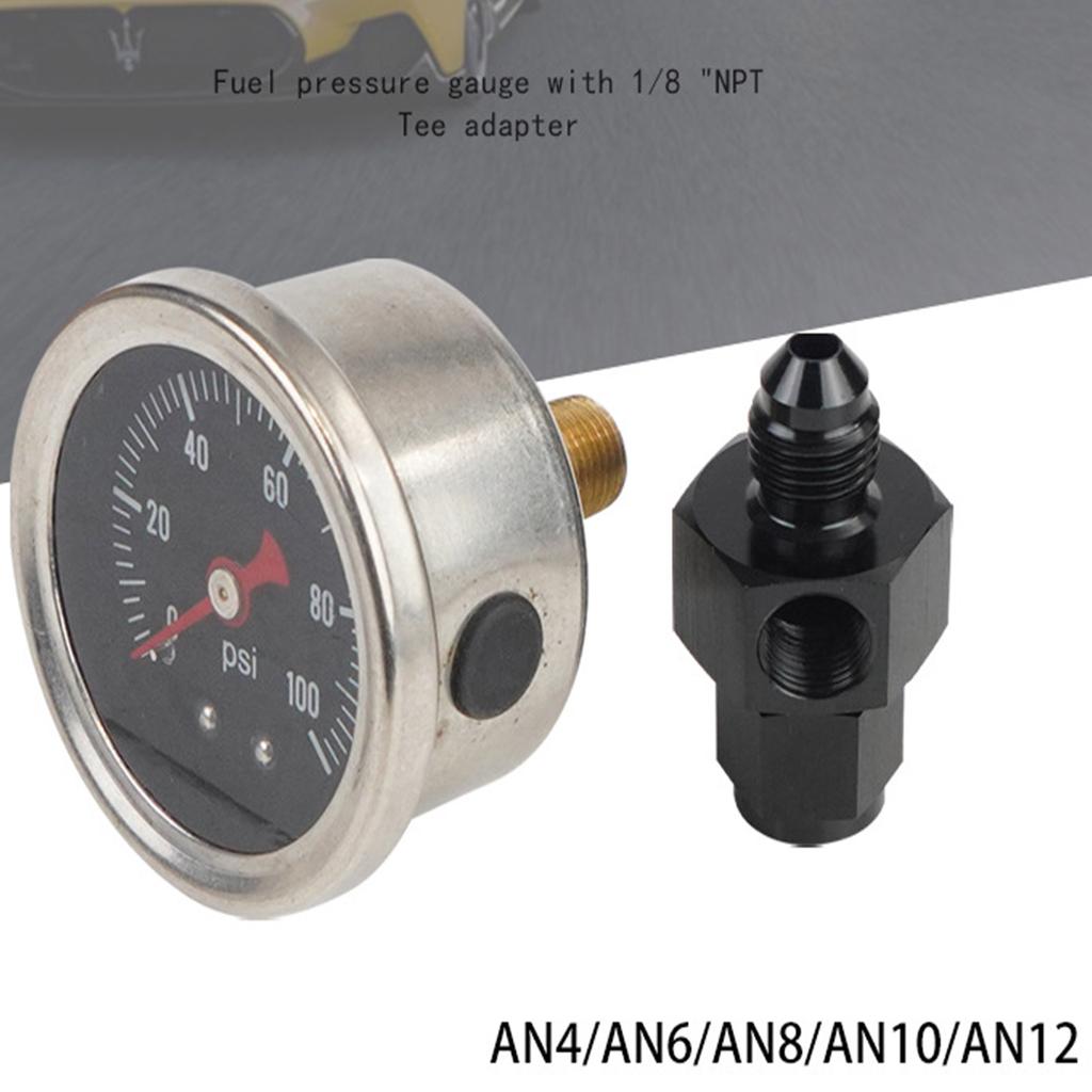 Fuel Pressure Gauge with 4AN Fuel Pressure Take Off Fitting, 0-100Psi, 1-1/2" Black Dial, 1/8"NPT Center Back Mount