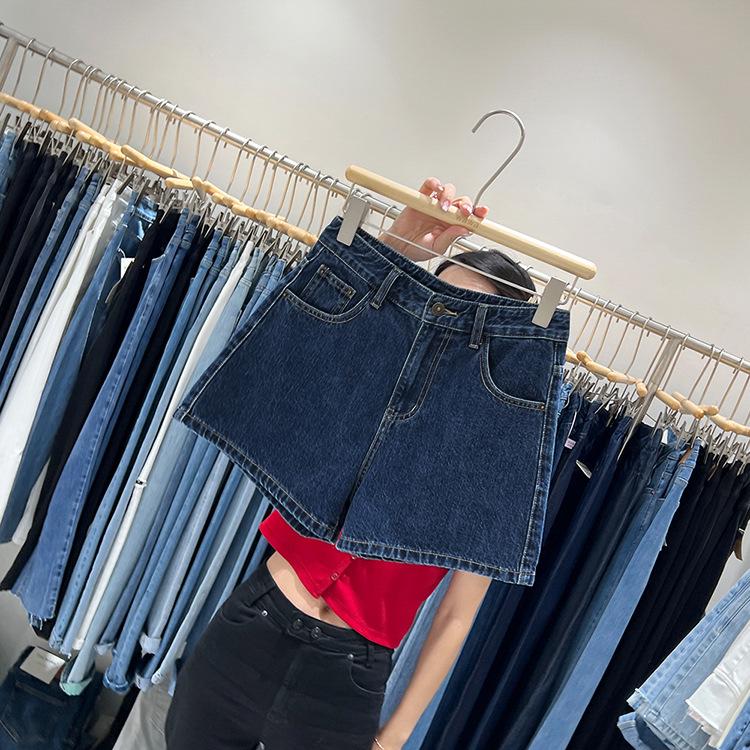 Plus Size Dark Blue Denim Women's Summer Shorts - Korean Style, Loose, Slimming, Straight Wide-Leg