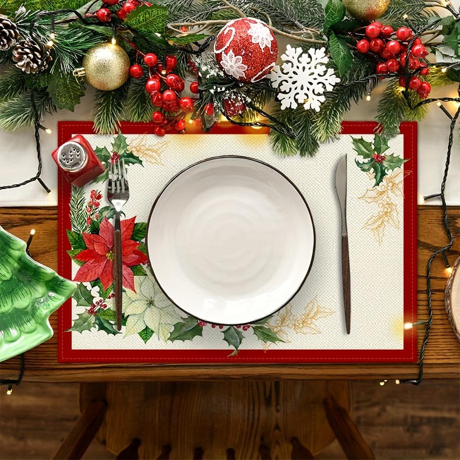 2~4 Placemats Set, Red Edge Pine Branches, White Flowers, Red Flowers, Christmas Placemats 12 X 18 Inch, Seasonal Countryside Holiday Vintage Thanksgi