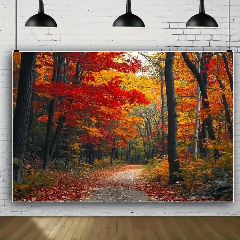 2D Vibrant Autumn Maple Forest Path Photography Background