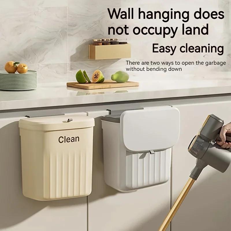 1pc Hanging Trash Can for Kitchen Cabinet Doors - Compact Garbage Bin with Hook or Adhesive Mount, Cream & White Design