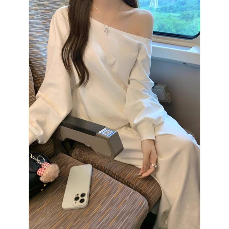 Kumikumi Idle Style Set White Sloping Shoulder Long Sleeve Hoodie Women Autumn High Waist Slimming Casual Pants Two-piece Set