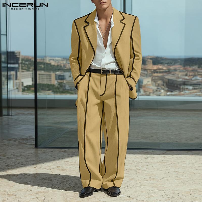INCERUN 2PCS Men Thin Open Front Blazer Long Suit Pants Two Piece Suit Casual Outfits Sets