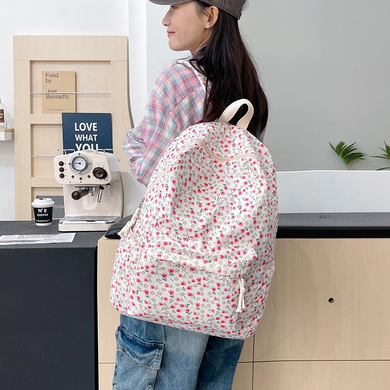 Flower Print Backpack Women's School Bag Campus Girls Nylon Backpack