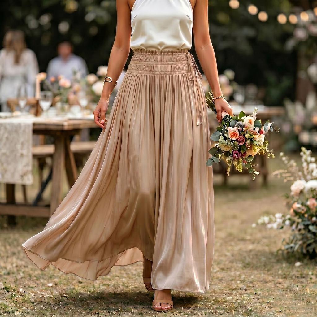 Women’s High Waist Elastic Waistband A-Line Maxi Skirt Flared Hem Loose Fit Lightweight Flowing Fabric Long Skirt for Daily Wear