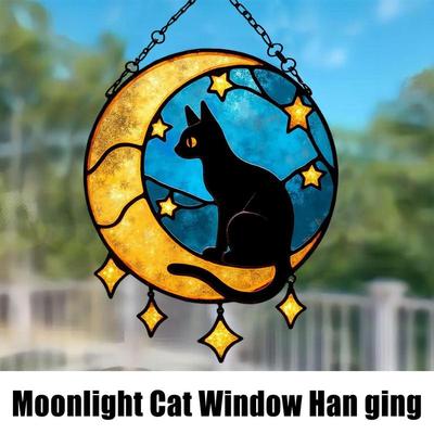 Apanhador de Sol Gato Acrílico Gato Lua Apanhador de Sol Pingentes Para Parede Estética Janela Decorações Enfeites Para Casa Quarto Café