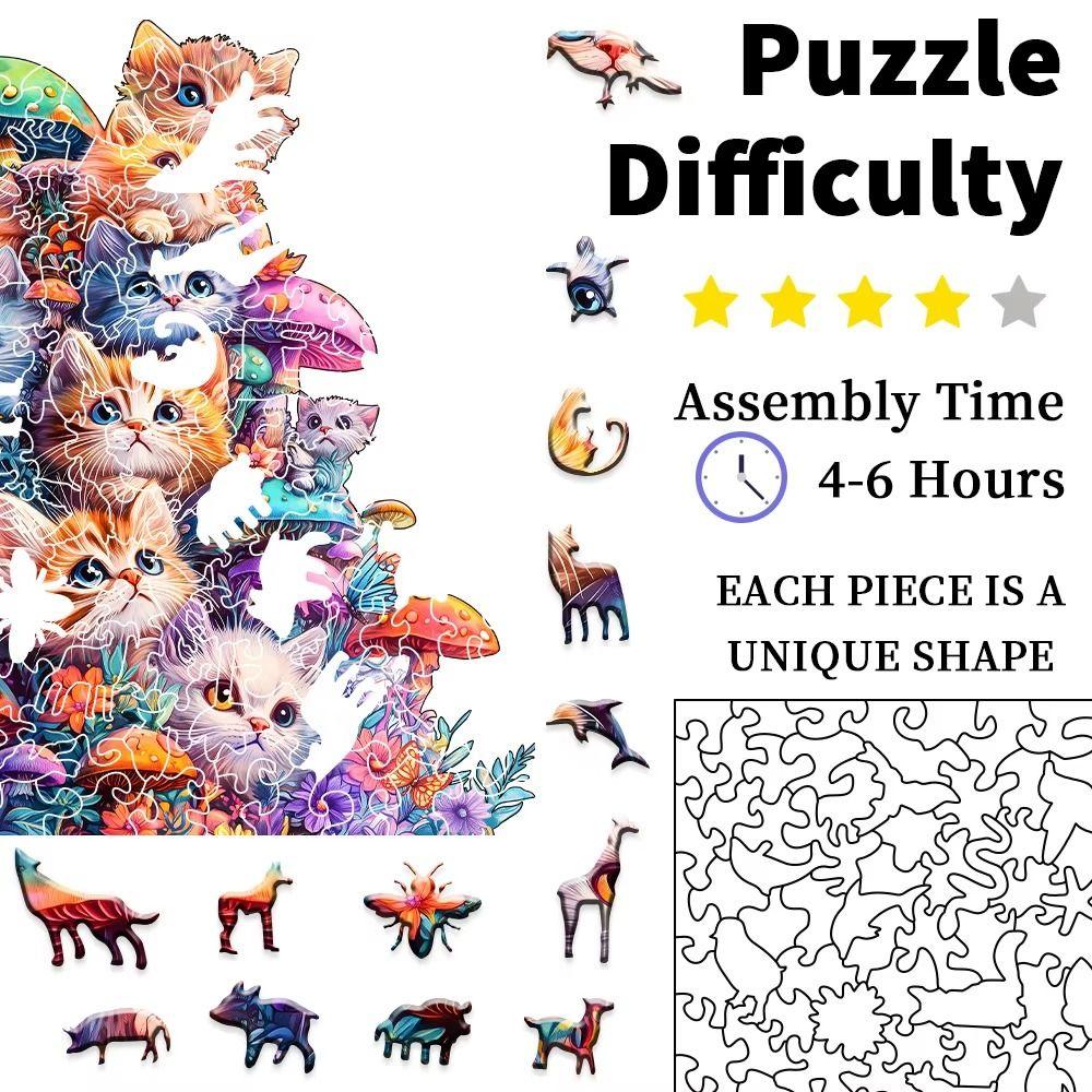 Cute Mushroom Cat Puzzle Animal Pattern Cat Wooden Jigsaw Adult Wooden Puzzle  Friends Gift