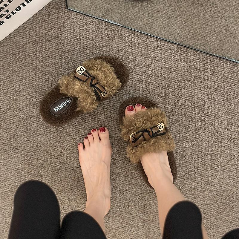 Fashion Short Plush Cotton Mop 2025 Autumn New Versatile Casual Fluffy Slippers Women's Outer Wear Muffin Thick Bottom One-word Mop