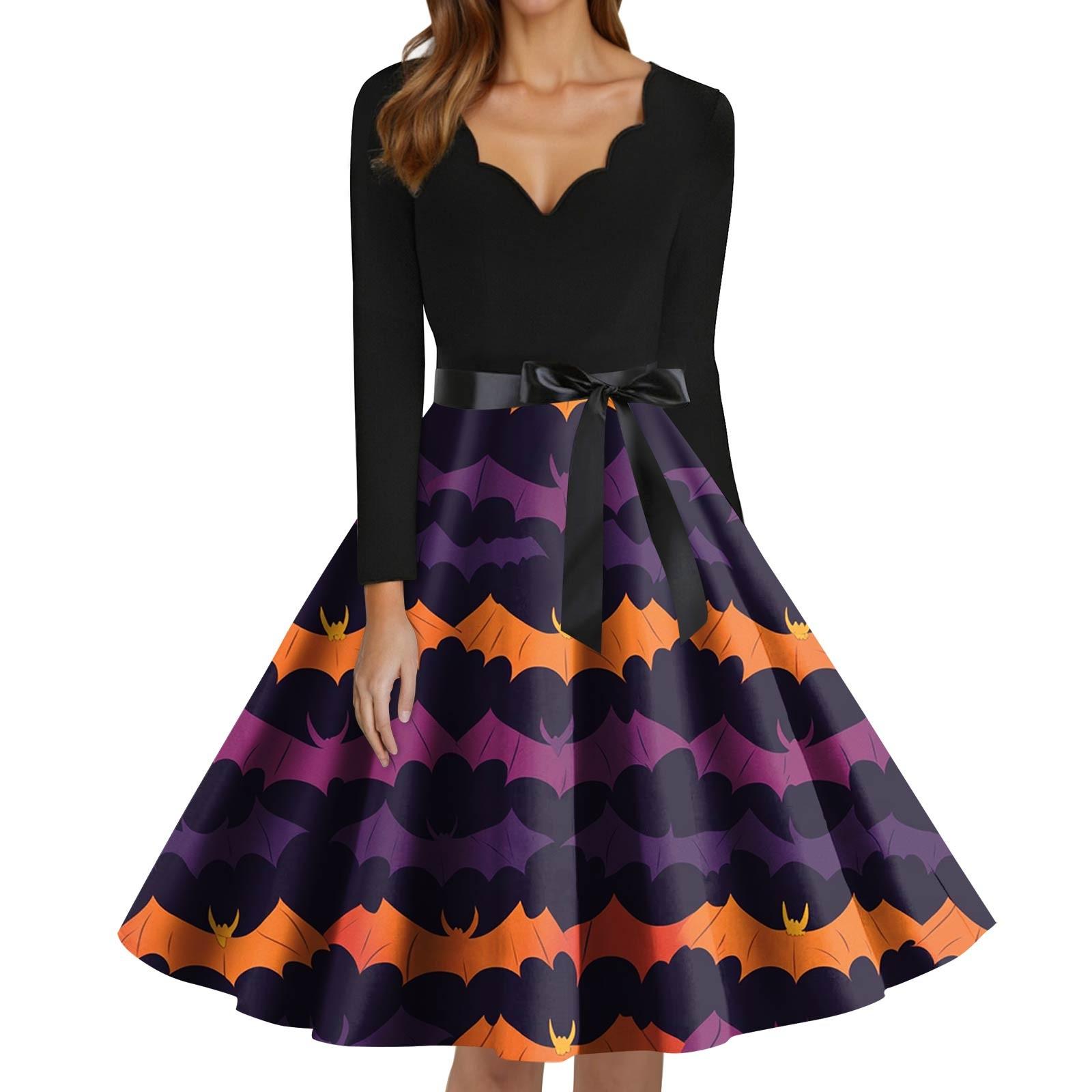 

Women s Fashion V-Neck Casual Slim Fit Halloween Printed Long Sleeve Dress XXXXL фіолетовий