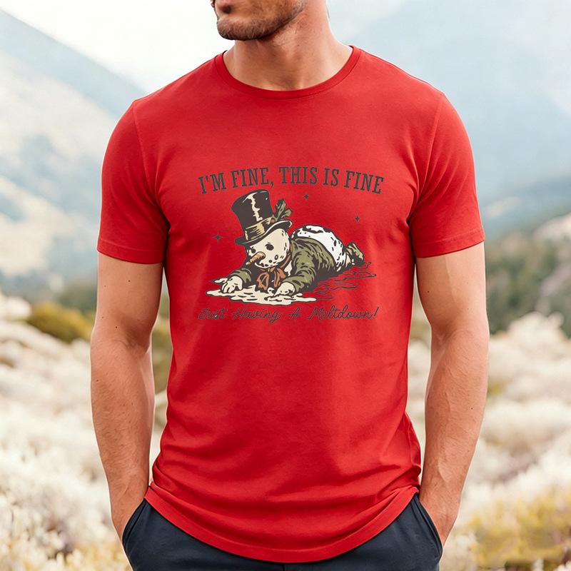 Fun Melting Snowman English Printed Men's T-Shirt Cross-Border Christmas Funny Crew Neck Short Sleeve Comfortable Casual T-Shirt