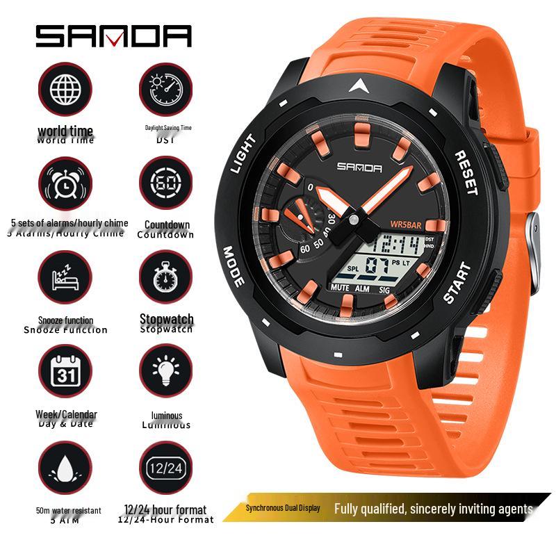 Sanda Dual Display Sports Men s Watch: Multifunctional, Luminous, Waterproof, with 3-Zone Time.