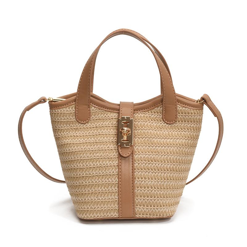 Korean Version of Casual Solid Color Temperament Simple Portable Bucket Bag for Women Versatile Commuter Knitted Crossbody Fashion Straw Bag