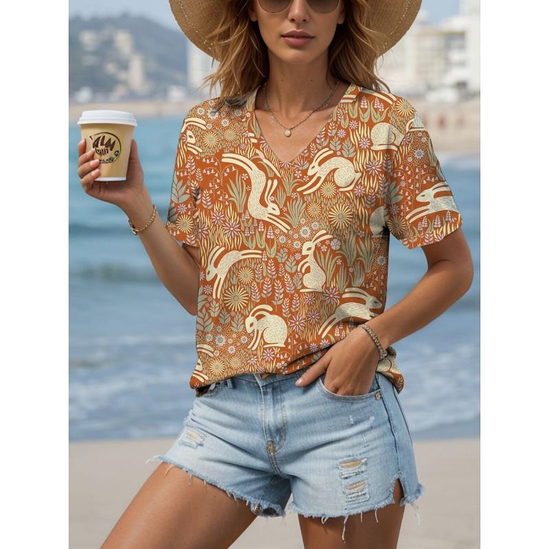 2025 Women's T-Shirt Kawaii Animal Graphic Fashion Short Sleeved V-Neck Regular Tops Daily Print Tee Summer Spring Casual Tops