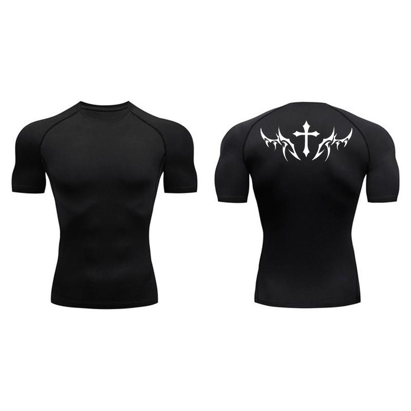 Cross Print Short Sleeve Compression Shirts for Men Athletic Quick Dry Tees Tshirt Gym Workout Running Undershirts Baselayers