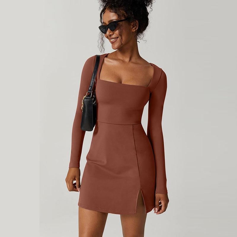 Womens Square Neck Bodice Dress Long Sleeve Side Slit Flare Mini Dresses