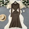 Autumn Winter Women V-neck Full Sleeve Casual Knitted Pullover Sweater Long Midi Dresses