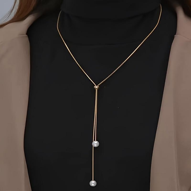 Long Pull Adjustable Pearl Necklace Alloy Jewelry Bohemian Elegant Style for Women Winter Sweater Chain