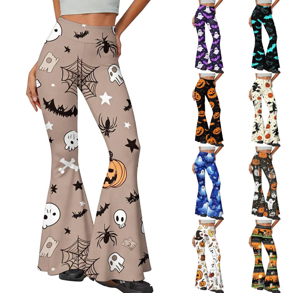 Women's Halloween Print Flared Yoga Pants Stretchy High Waist Casual Fitness Leggings Slim Fit Micro Flare Trousers for Everyday Wear