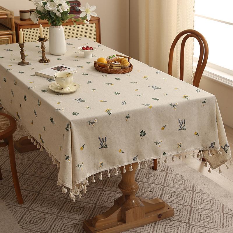 Linen High-End Embroidered Table Cloth, High-End Light Luxury, Xiaoqing Fresh Air Thickened Tablecloth, Coffee Table Cover Cloth