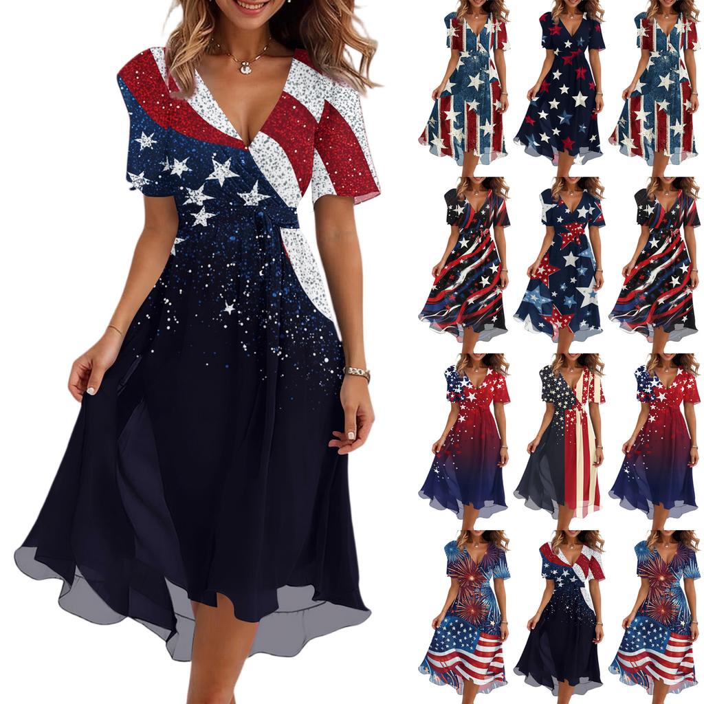 Damen V-Ausschnitt Kurzarm Midi Kleid mit Feuerwerk und Flaggenprint Sommer A-Linie Lässig Fließend Leichtes Kleid