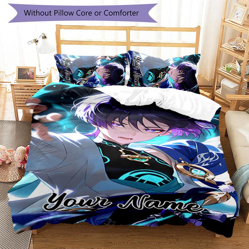 3pcs Genshin Impact4 Cover Set - Personalized Name, HD Printed Bedding with 1 Cover and 2 Pillowcases - Perfect for Home Decor, Easy Care