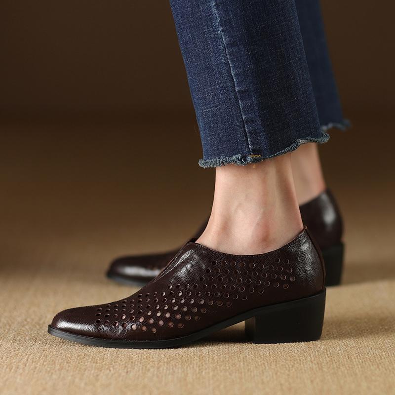 Fashion Women's New Spring and Autumn Vintage Genuine Leather Cowhide Pointed Hollow Hole Comfortable Middle Heel Muller Single Shoes