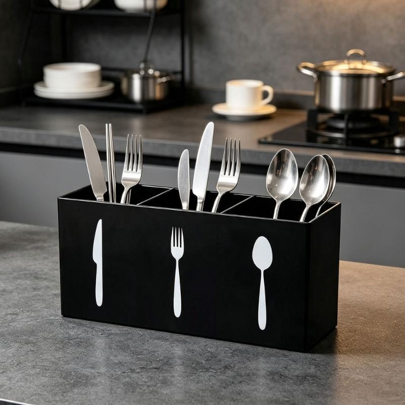 Besteckhalter Acryl 3 Fächer Besteckkasten mit Top-Zugang für Küchenarbeitsplatte und Kaffeebar Servicebereich