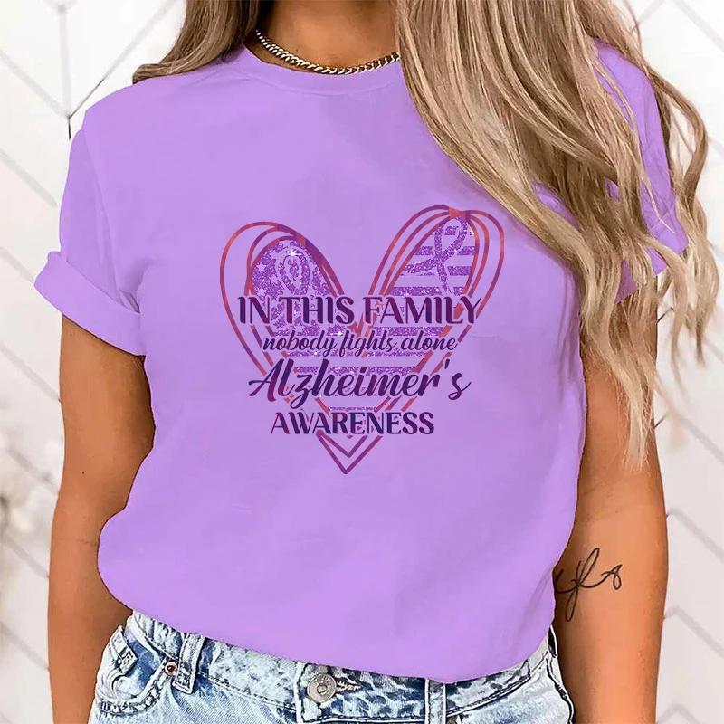 (High Quality T Shirt)New In This Family Nobody Fights Alone Alzheimer'S Awareness Print T Shirt Women Short Sleeve Tops Tees