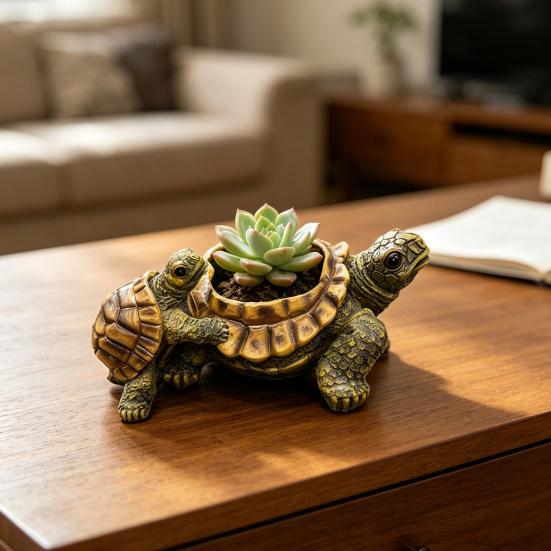 Small Turtle Planter Resin Turtle Shaped Flower Pot with Drainage Holes Cute Animal Cacti Pots for Office Home Desktop Decor