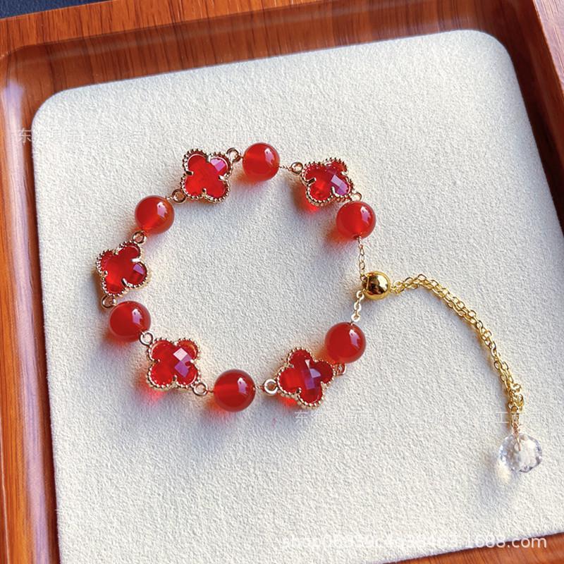 Bracelet Tour de Cristal Jaune Citrine Naturelle avec Motif Trèfle à Quatre Feuilles - Cadeau Luxe Léger Automne/Hiver pour Femmes