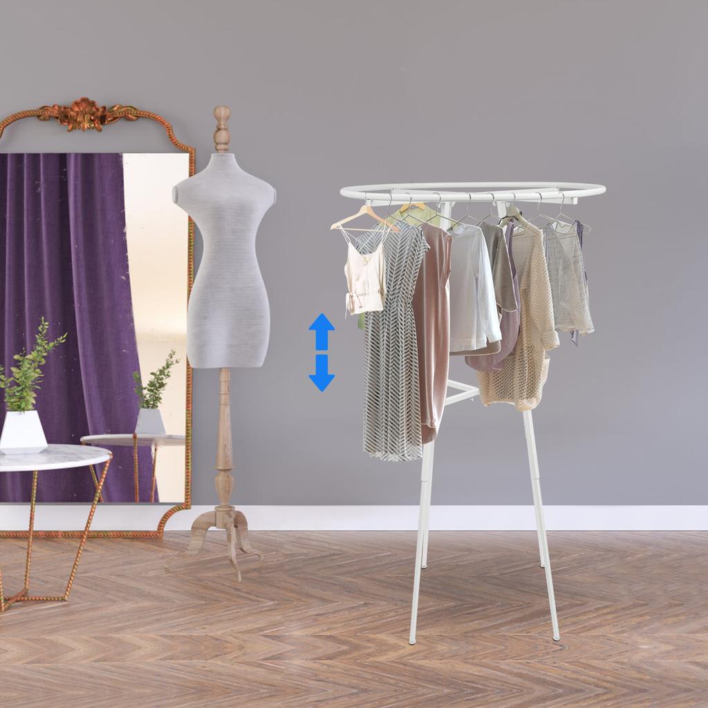 360-Degree Rotating Garment Rack, White Steel Round Display Rack for Clothing & Apparel, Adjustable Height 4 to 6 Feet for Store