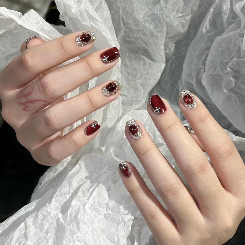 

2025 Ruby Cat Eye Manicure - Stunning Handmade Nail Patches