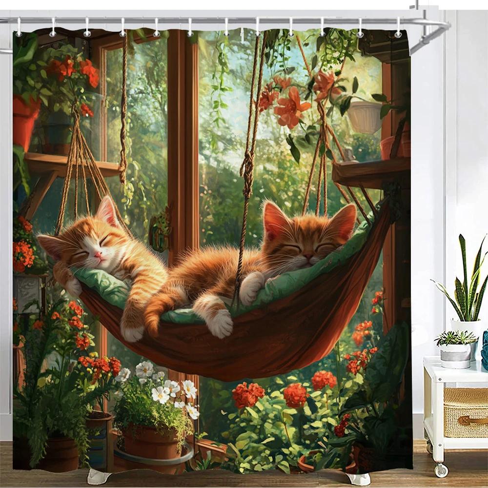 Cartoon Cute Cat Shower Curtain Printed Fabric Garden flowers and plants Cats Bathroom Curtain Bathtub Home Decoration Curtain