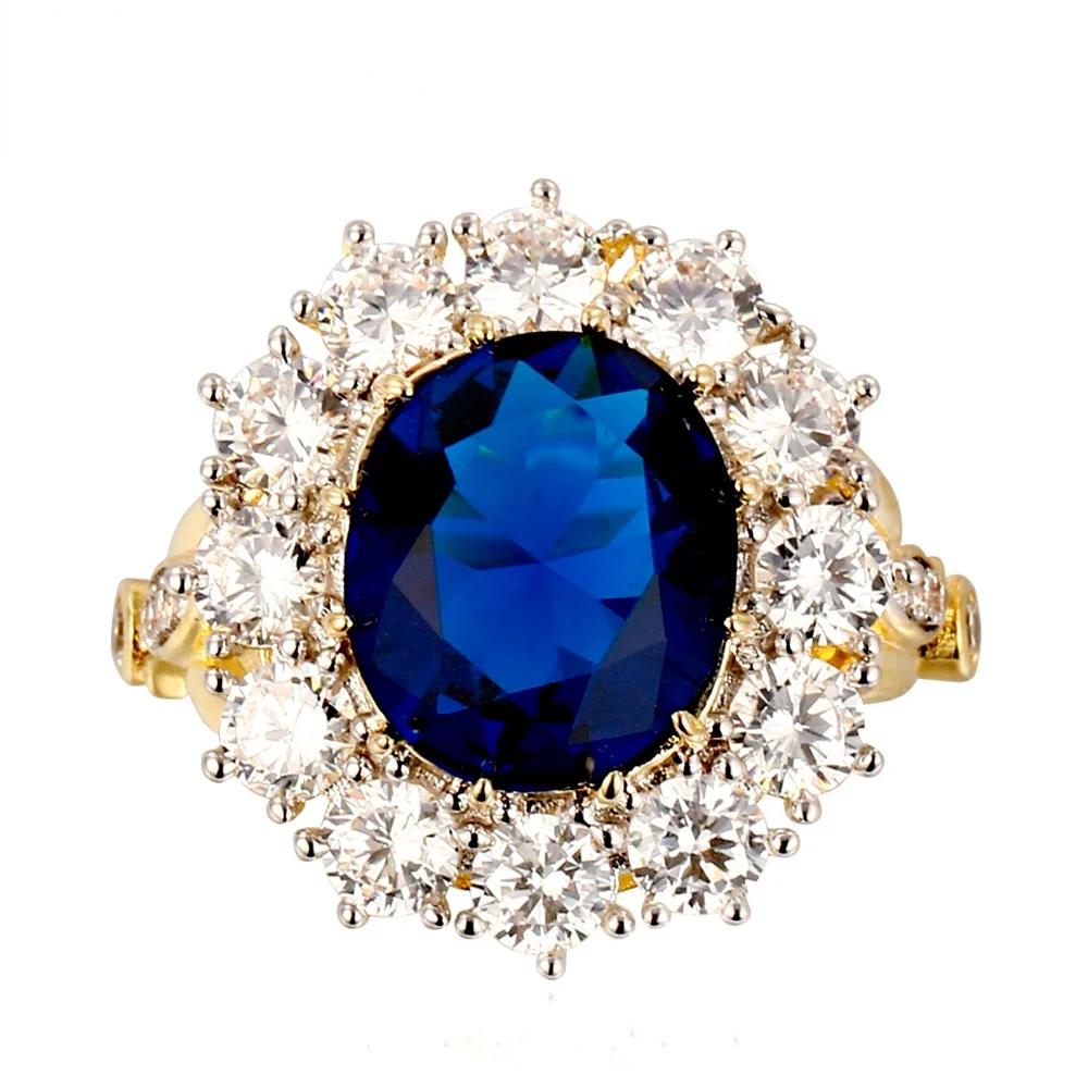 Luxuriöser ovaler blauer Zirkonring für Damen Funkelnde goldene Farbe Solitär Fingerringe Romantischer Schmuck Hochzeitsjubiläum Geschenk 9 blue