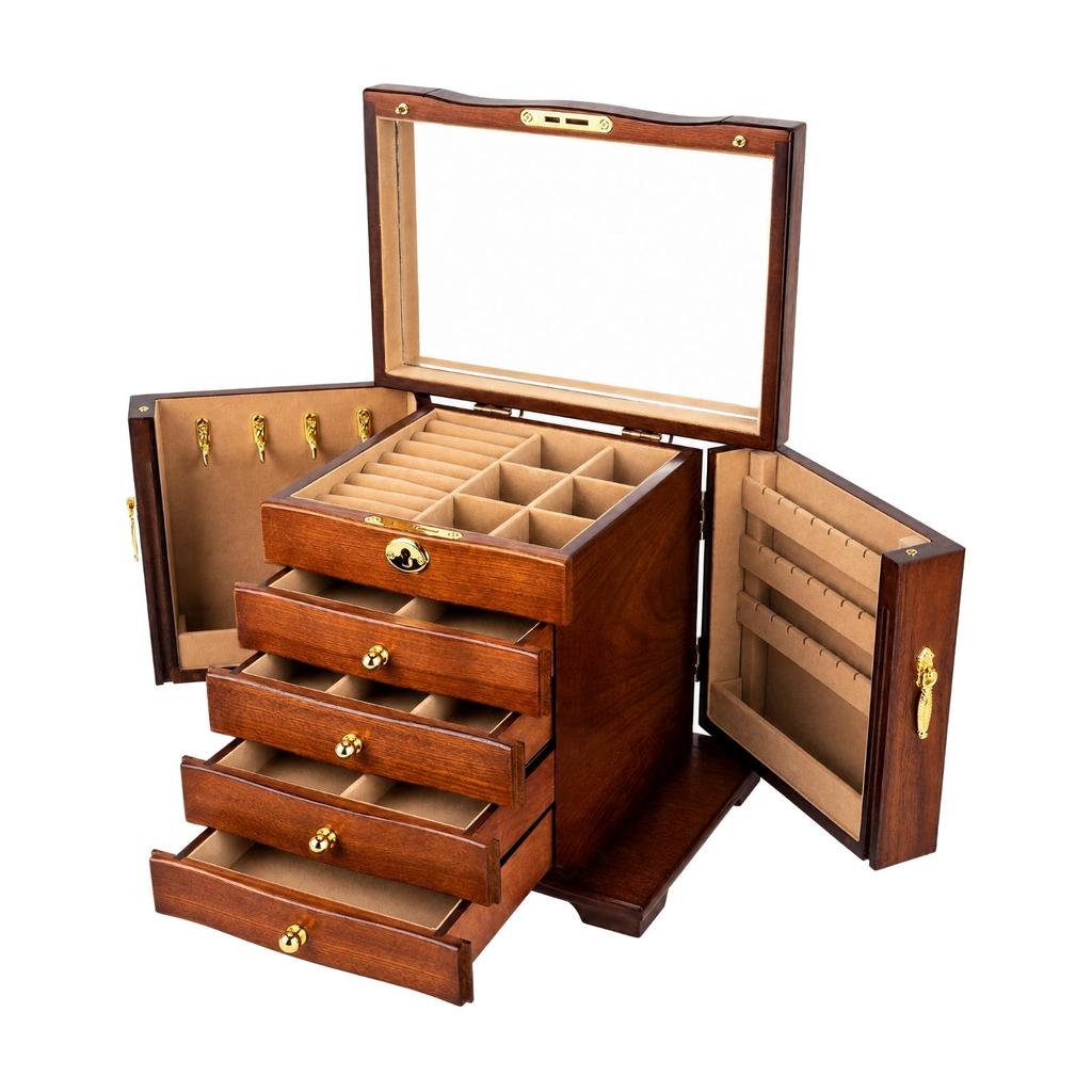 Jewelry Box with Drawers and Side Compartments Solid Wood