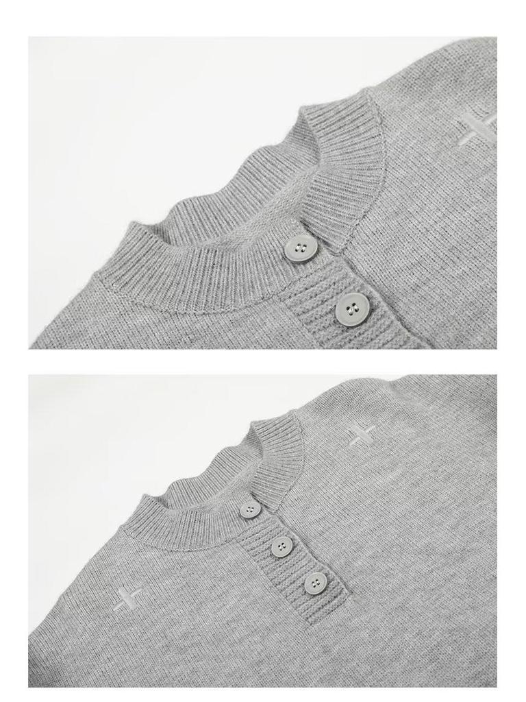 Men's Korean Style Grey Henley Knit Sweater, Long-Sleeve, Round Neck, Winter 2026 Edition