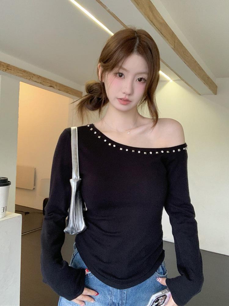 American Sweet Spicy Chic One-Shoulder White Top for Women - Early Autumn Slim Fit