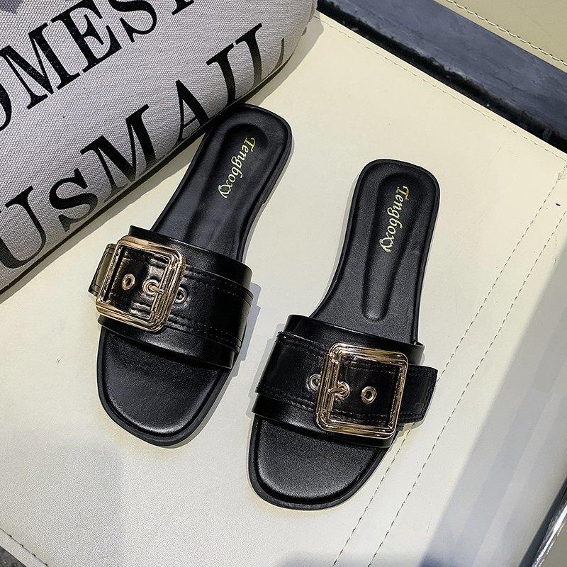 Foreign trade large size slippers women's 2025 summer square buckle one-word drag women's flat bottom sandals fashion casual wear cool slippers