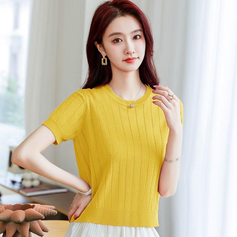 Women's Ribbed Knit Crew Neck Puff Sleeve Casual Slim T Shirt