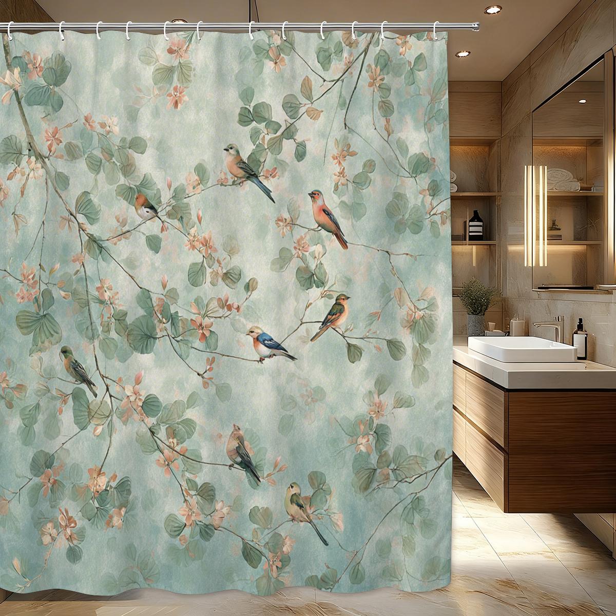 

Vintage Bird & Botanical Pattern Polyester Shower Curtain - Rustic Style Bathroom Decor, Nature-Inspired Bath Polyester For Home W60H190(CM)-1 Pcs