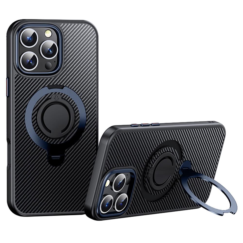 For iPhone 16 Pro Case Compatible with MagSafe Kickstand Carbon Fiber Texture PC+TPU Phone Cover with Silicone Ring