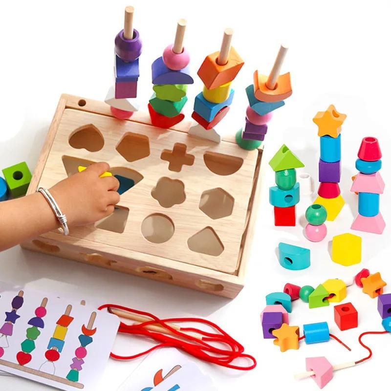 Toys Educational Toys 5 In1 Montessori Wooden Color Shape Cognition Blocks Matching Sorting Game Beaded Early for Children Gift