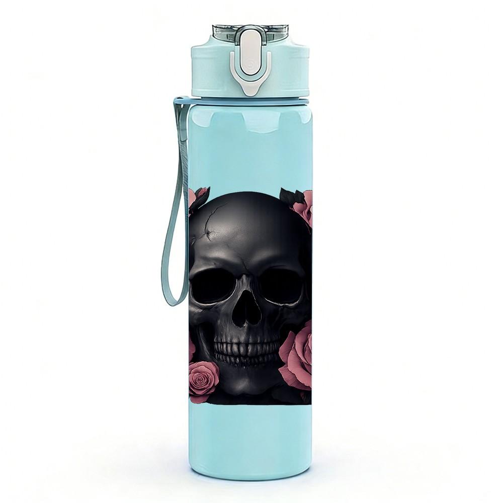 1PC Black Skull Pink Rose Floral Print 750ml Color Plastic Sports Water Bottle Leakproof Flip Straw Lid Suitable for Sports Office Home Use